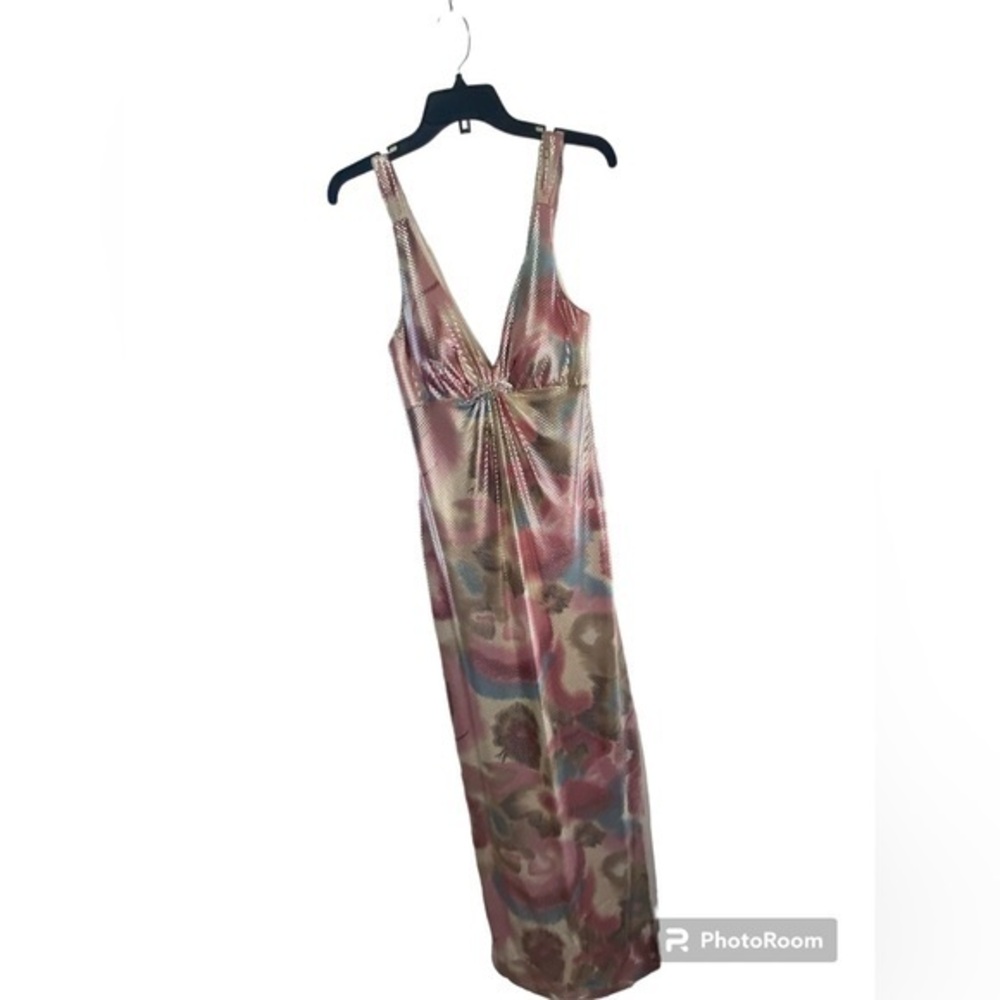 La Femme 14441 Long Pink Printed Dress with Criss Cross Back